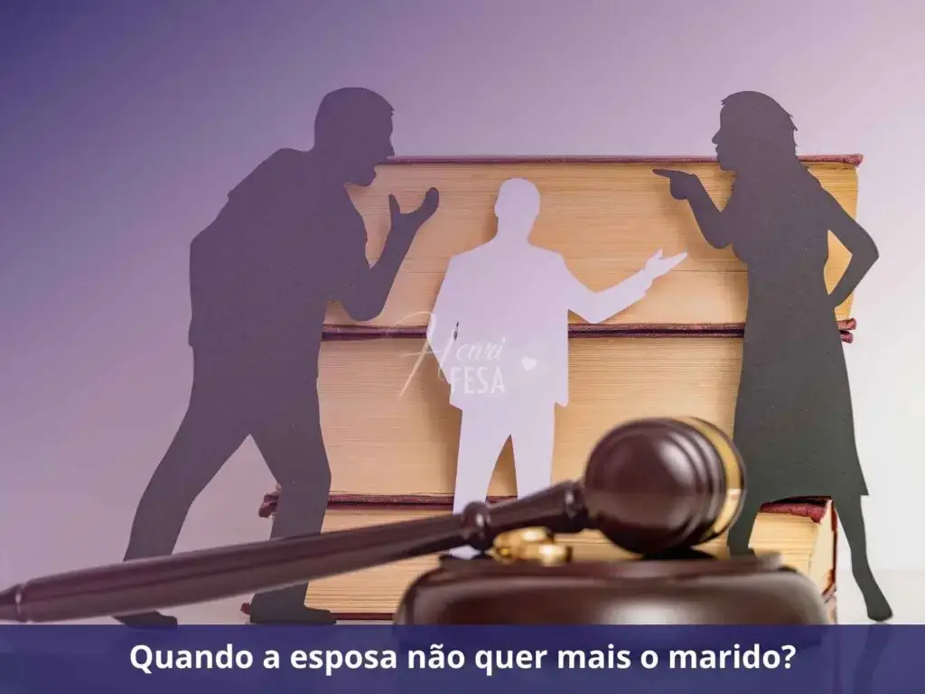 Silhueta de um homem e de uma mulher, ambos discutido, com a silhueta de um homem intermediador ao fundo e com o martelo de juiz em destaque na parte inferior da imagem!