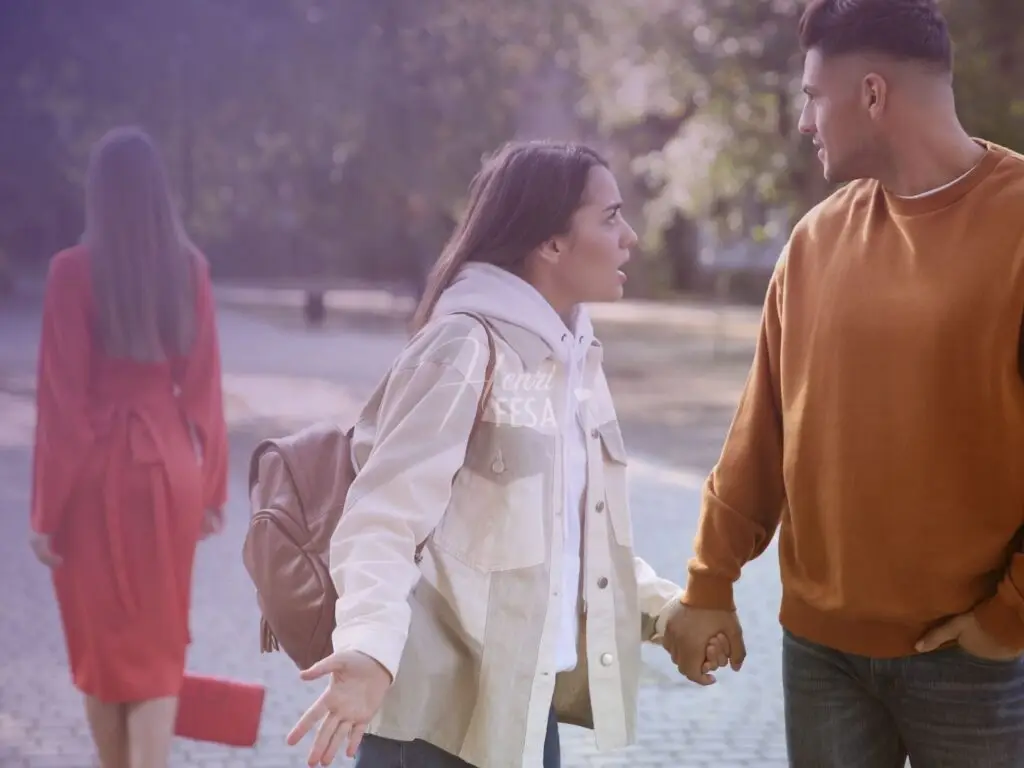 Homem de mãos dadas com sua parceira, olhando para outra mulher que passa pelo casal. Enquanto isso, a parceira está com olhar feroz ao olhar para o marido olhando explicitamente para outra mulher!