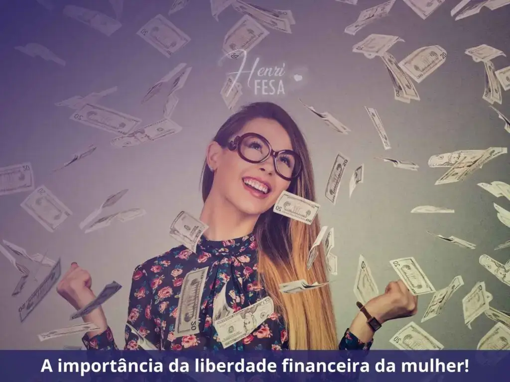 Mulher feliz em meio a uma chuva de notas de dinheiro caindo sobre sua cabeça e ao redor!