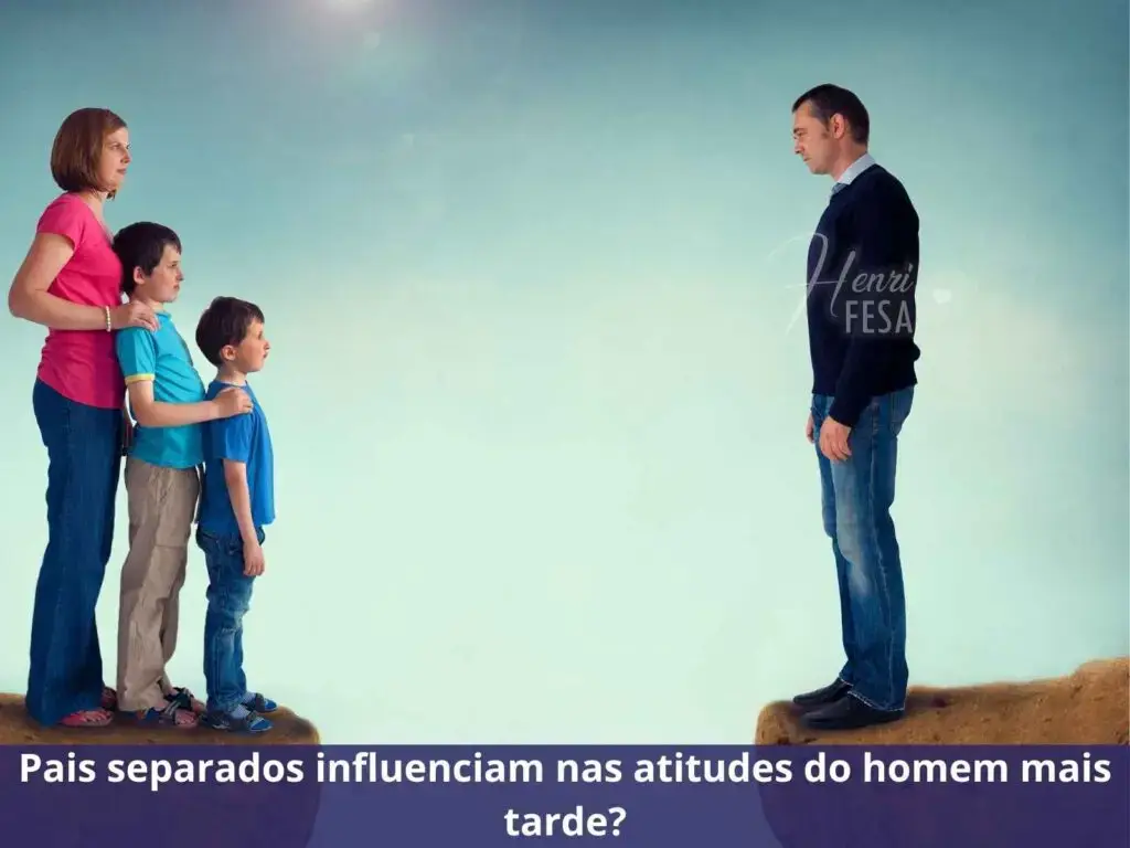 Imagem ilustrativa de uma mãe e seus dois filhos meninos em posição de perfil, olhando para o pai que está de frente para eles, também de perfil, estando o homem separado de sua família por um abismo.