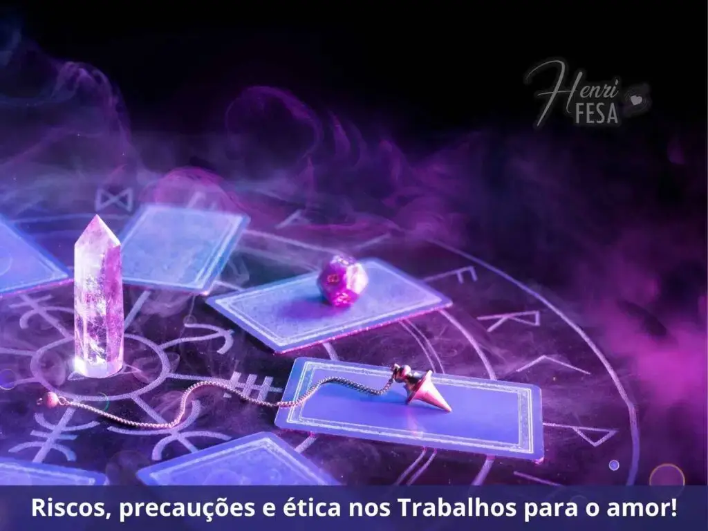 Imagem ilustrativa de uma mesa com símbolos misticos em círculo, cristais e cartas de tarot, com a prevalência da cor roxa na paleta de cores da imagem!