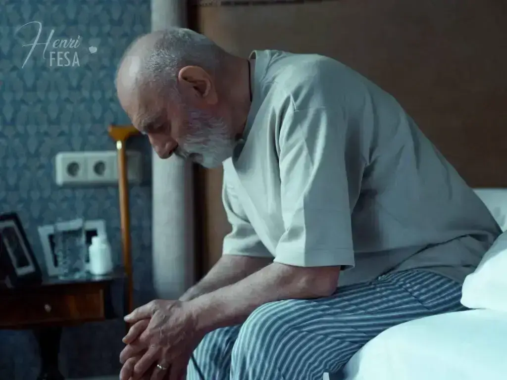 Marido negativo: aprenda a lidar com ele Homem 50+ sentado à beira da cama, cabisbaixo, com pensamentos negativos e tristezas, um dos motivos para o marido negativo existir!