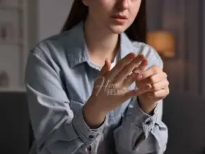 Mulher sentada ao sofá tirando o anel de compromisso do dedo e olhando em tom de reflexão!